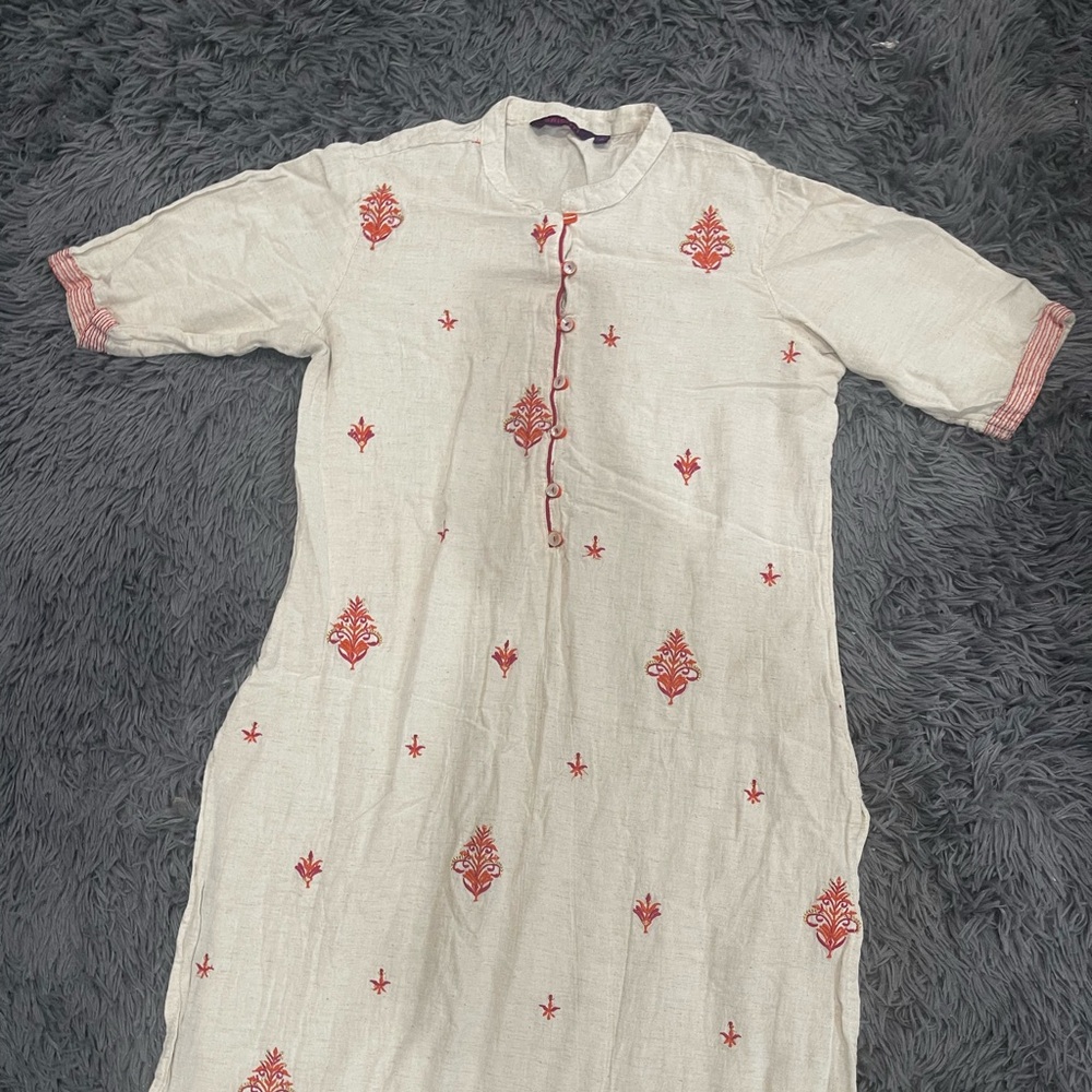 Embroidered Beige Dress with Red Accents
